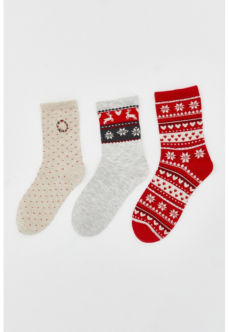 Set de sosete lungi cu model tematic de Craciun - 3 perechi - Rosu/Maro nisip/Gri deschis melange