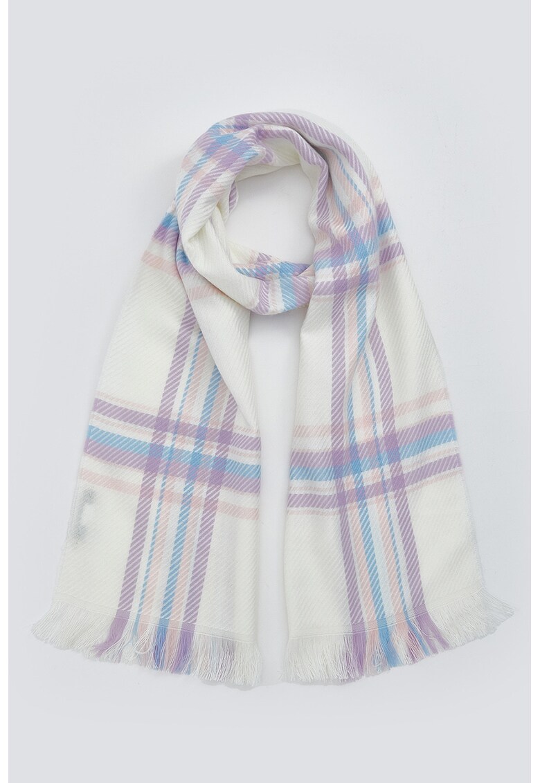 Fular cu franjuri si model in carouri - Alb/Lila/Albastru glaciar