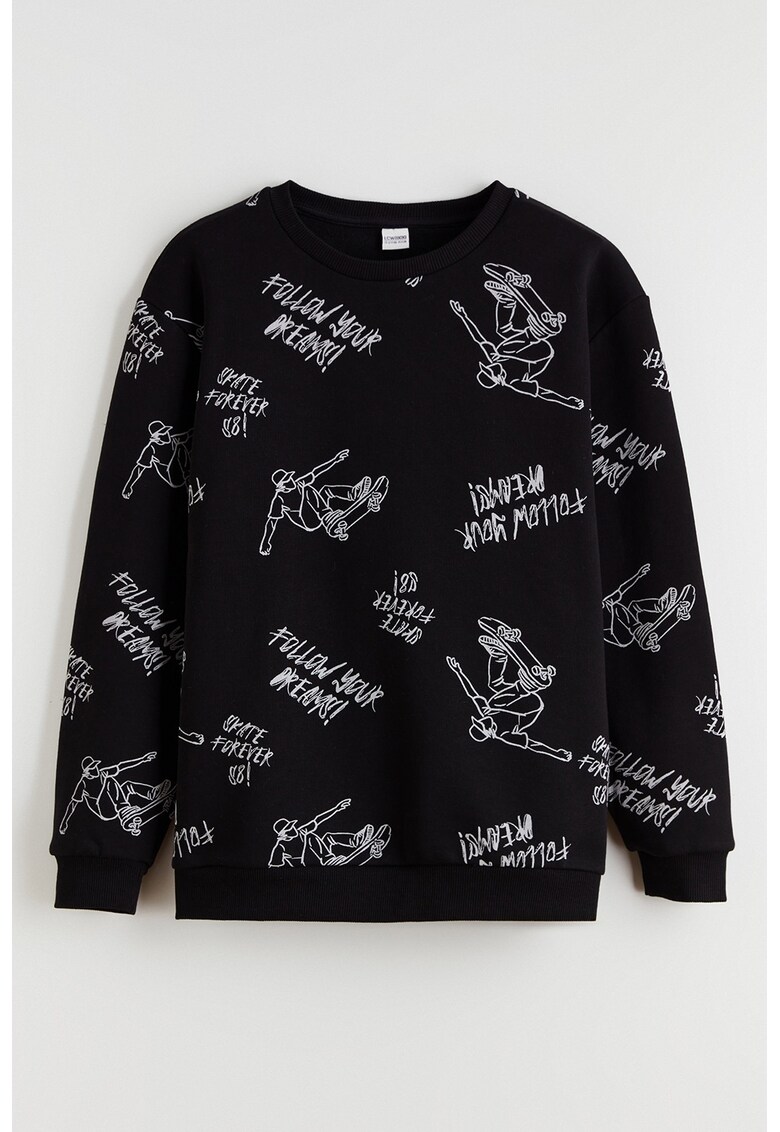 Bluza de trening cu decolteu la baza gatului si model grafic - Alb/Negru