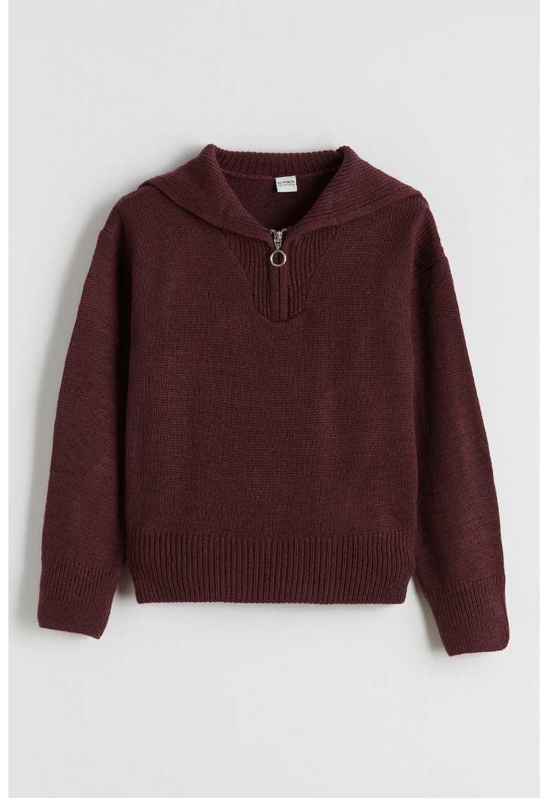 Pulover regular fit cu fenta cu fermoar - Visiniu