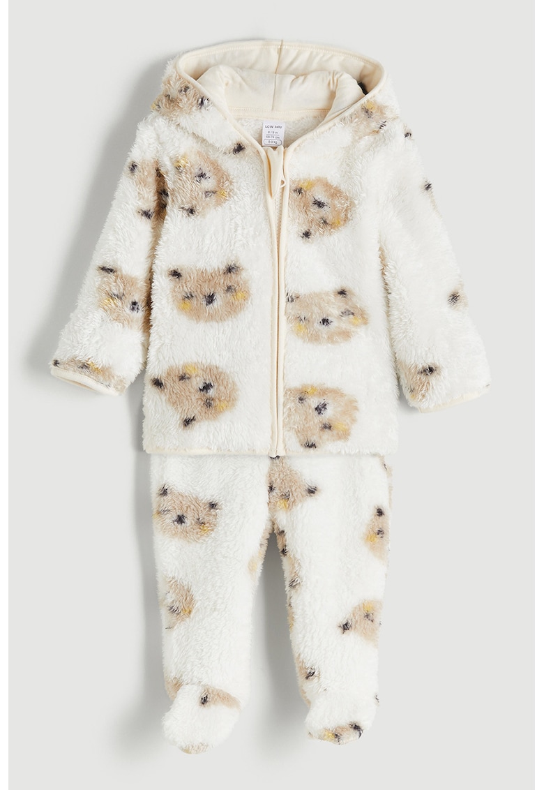 Set de hanorac si pantaloni cu botosei - cu model cu ursulet - 2 piese - Maro nisip/Alb murdar