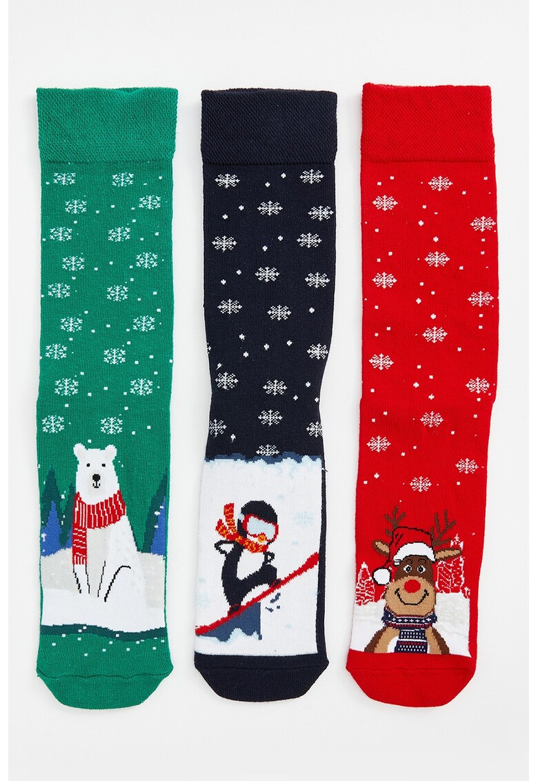 Set de sosete lungi cu model tematic de Craciun - 3 perechi - Rosu/Verde/Bleumarin