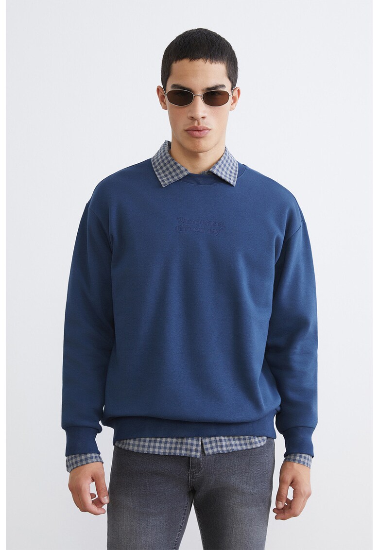 Bluza de trening cu decolteu la baza gatului si maneci cazute - Albastru inchis