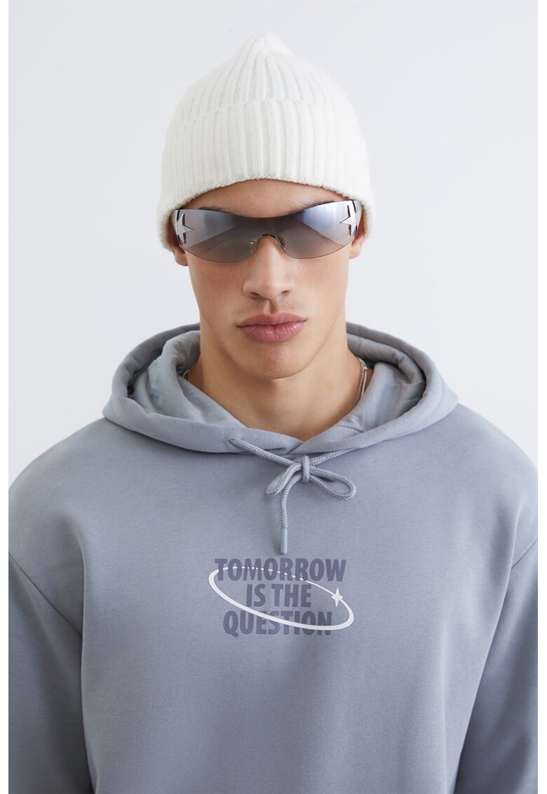 Hanorac cu imprimeu text si buzunar kangaroo - Violet deschis/Gri