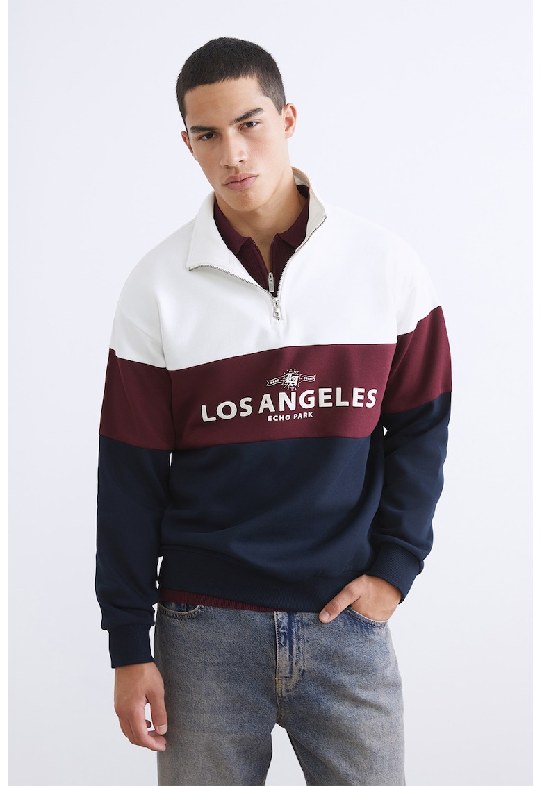 Bluza de trening din amestec de bumbac cu fenta cu fermoar - Alb/Visiniu/Bleumarin