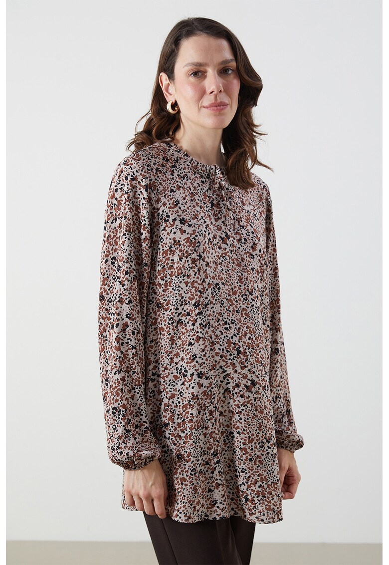 Bluza tunica cu animal print - Negru/Maro/Maro taupe deschis