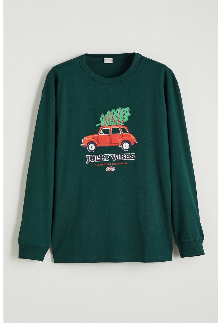 Bluza din bumbac cu imprimeu tematic de Craciun - Coral/Verde englez