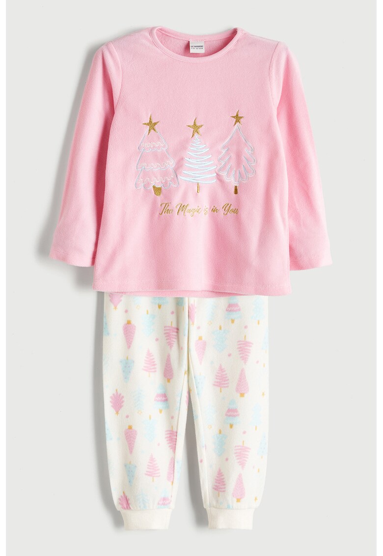 Pijama pufoasa cu maneci lungi si imprimeu tematic de Craciun - Alb/Auriu/Roz pastel