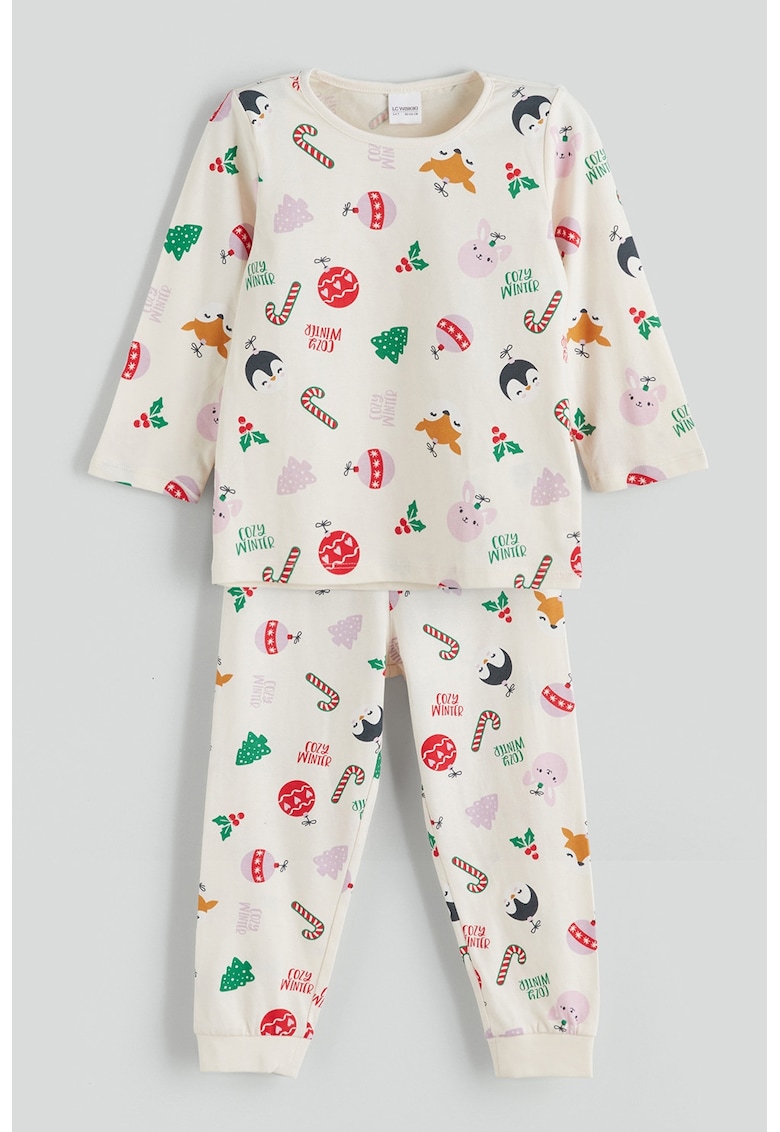 Pijama cu pantaloni lungi din bumbac si model tematic de Craciun - Verde/Violet deschis/Crem