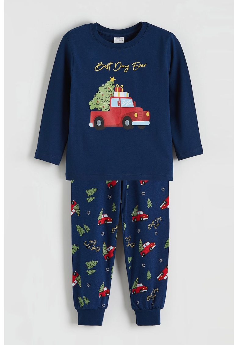 Pijama cu pantaloni lungi si imprimeu tematic de Craciun - Rosu/Verde/Bleumarin