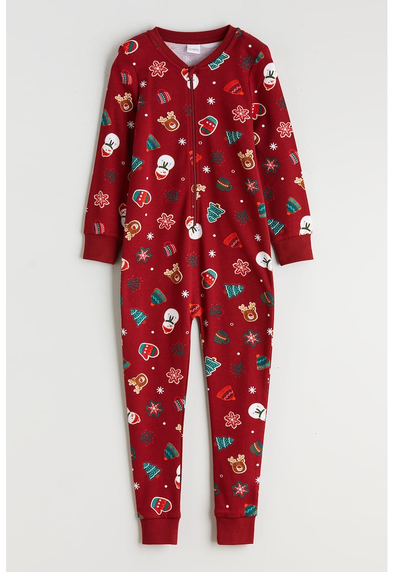 Salopeta de pijama cu model tematic de Craciun - Alb/Rosu inchis/Verde persan