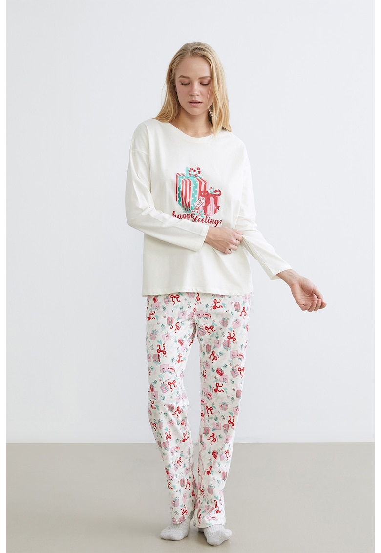 Pantaloni lungi de pijama cu model - Alb/Turcoaz/Roz