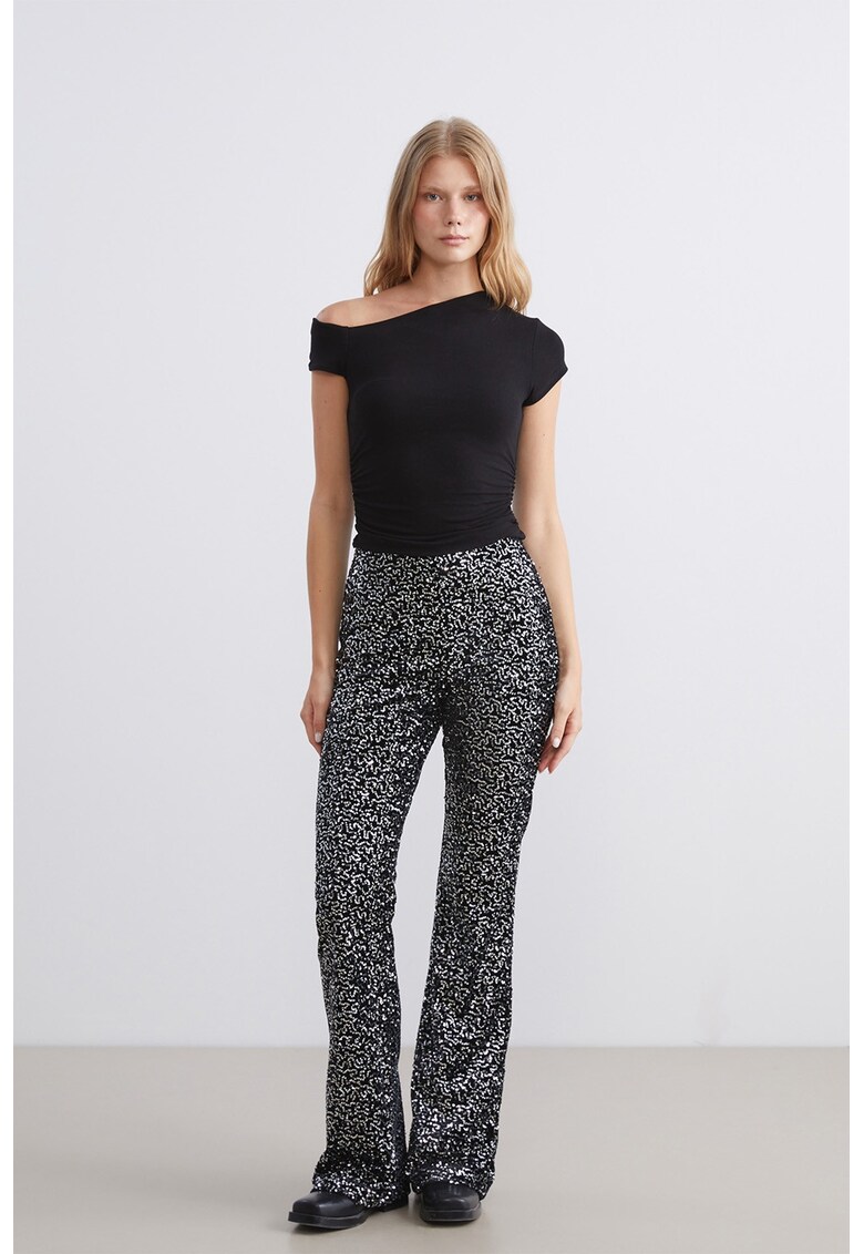 Pantaloni evazati cu paiete - Argintiu/Negru