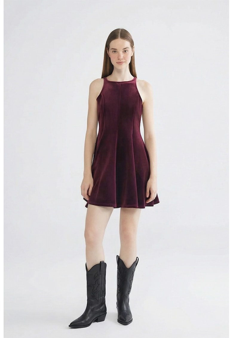 Rochie scurta din catifea cu croiala evazata - Violet tyrian