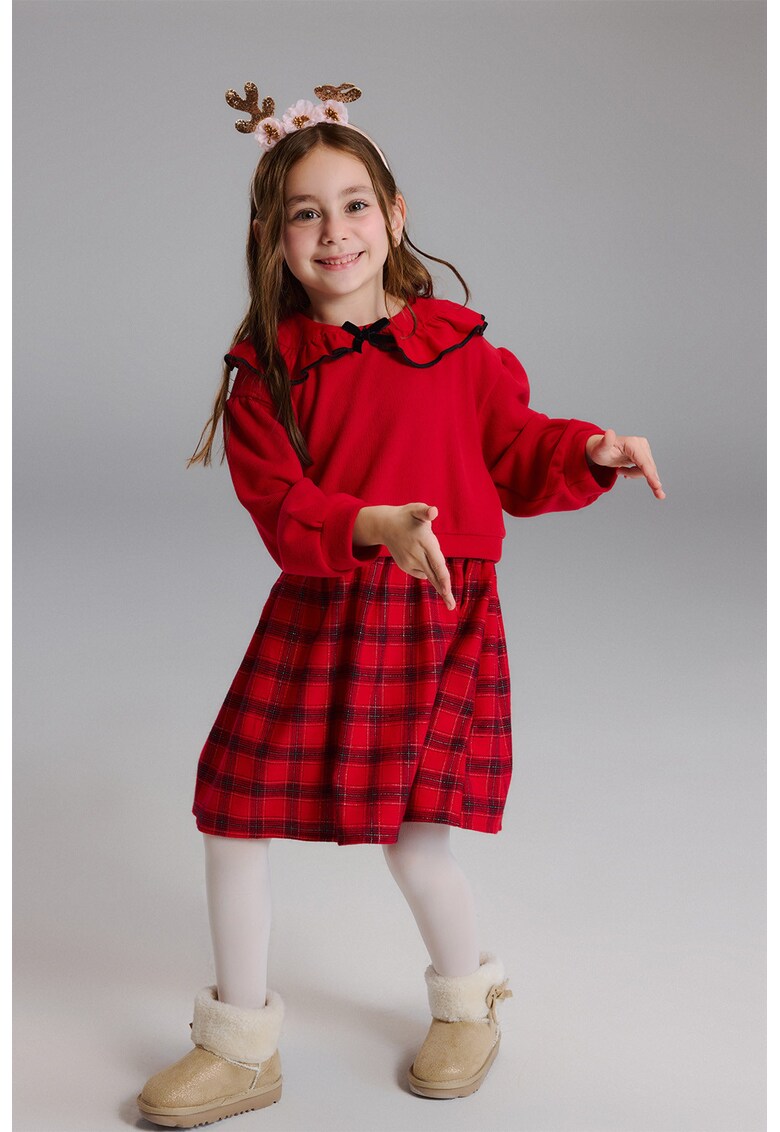 Rochie cu maneci lungi si guler Peter Pan - Rosu/Negru