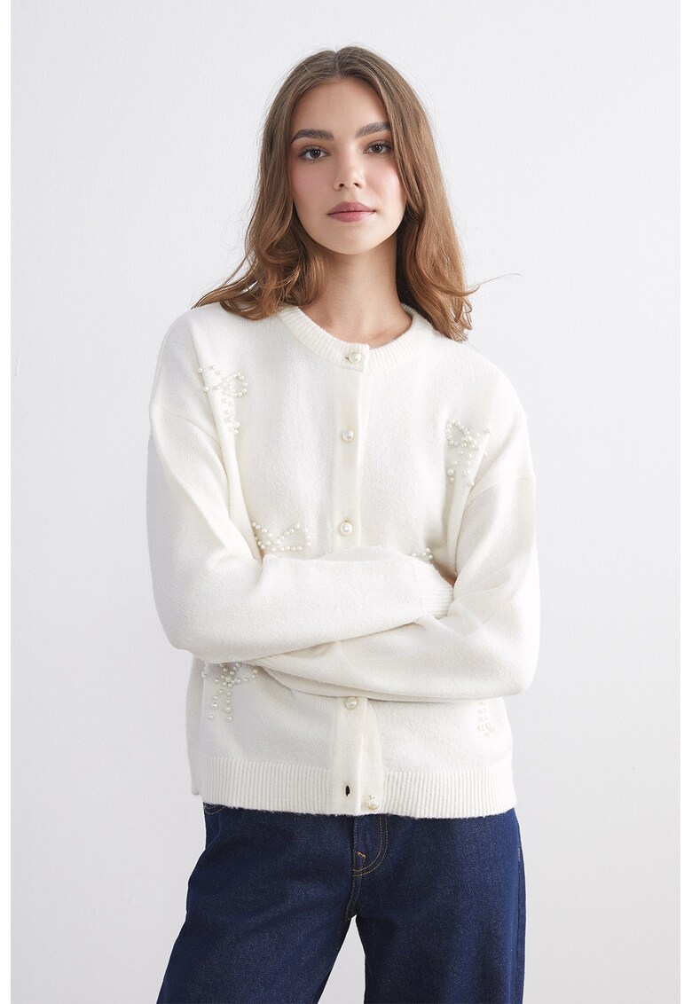 Cardigan cu aplicatii din margele - Alb fildes