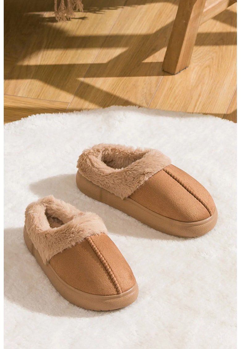 Papuci de casa flatform cu blana sintetica - Maro camel