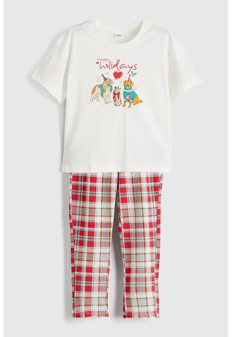 Pijama din bumbac cu model - Rosu/Alb murdar/Galben mustar