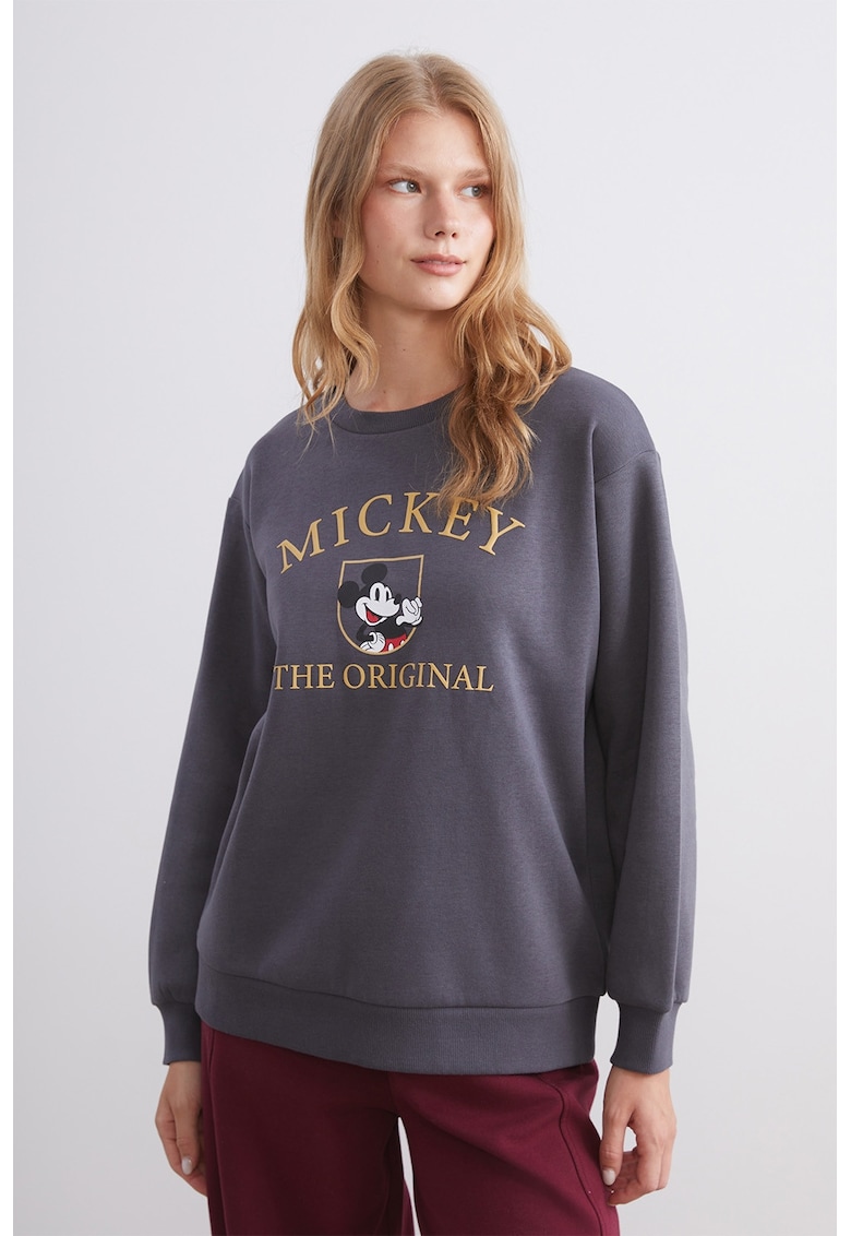 Bluza de trening cu imprimeu Mickey Mouse si maneci cazute - Gri inchis/Maro camel