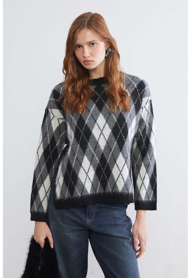 Pulover cu model argyle - Alb/Negru/Gri