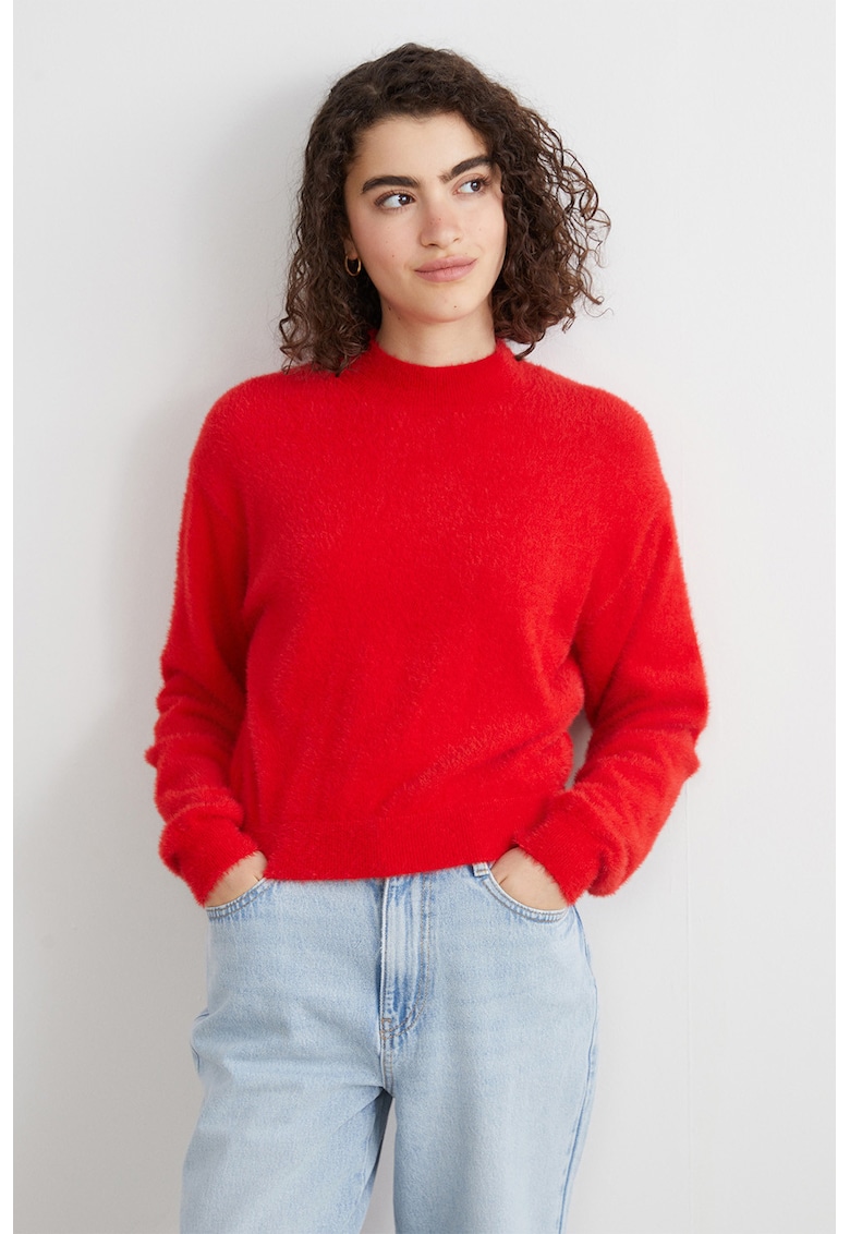Pulover regular fit cu decolteu la baza gatului - Rosu