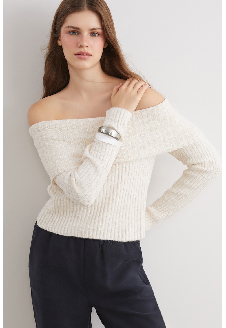 Pulover uni cu decolteu pe umeri - Alb fildes