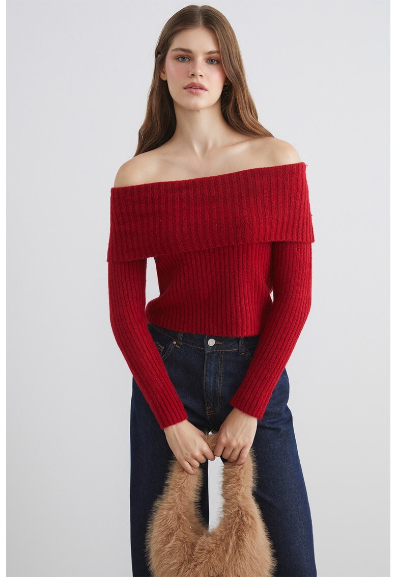 Pulover uni cu decolteu pe umeri - Rosu