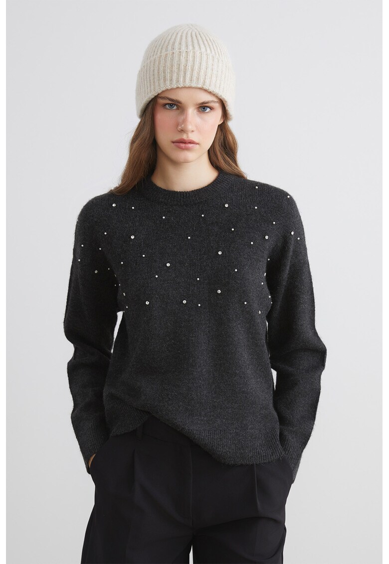 Pulover cu decolteu la baza gatului - Gri inchis melange