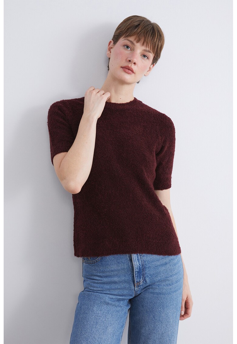 Pulover cu decolteu la baza gatului si maneci scurte - Rosu inchis