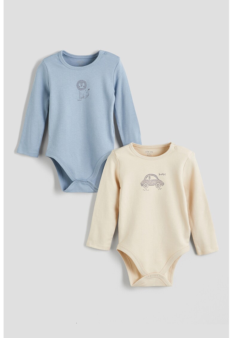 Set de body-uri de bumbac cu maneci lungi - 2piese - Albastru prafuit/Bej