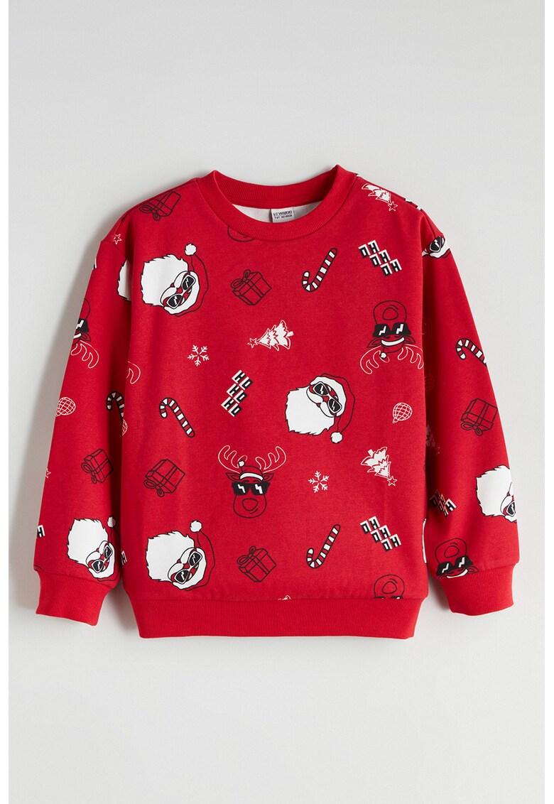 Bluza de trening cu decolteu la baza gatului si imprimeu de Craciun - Rosu/Alb