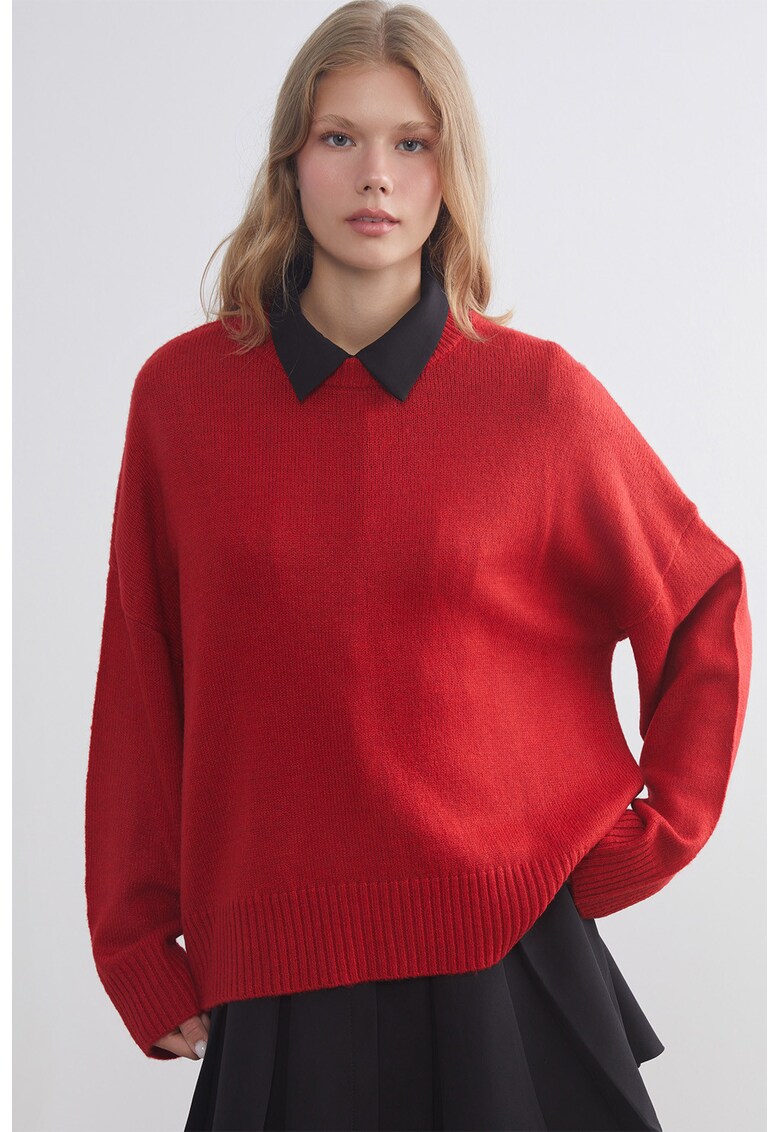 Pulover supradimensionat cu decolteu rotund - Rosu inchis