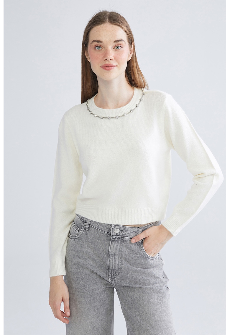 Pulover crop cu decolteu decorat - Alb/Argintiu