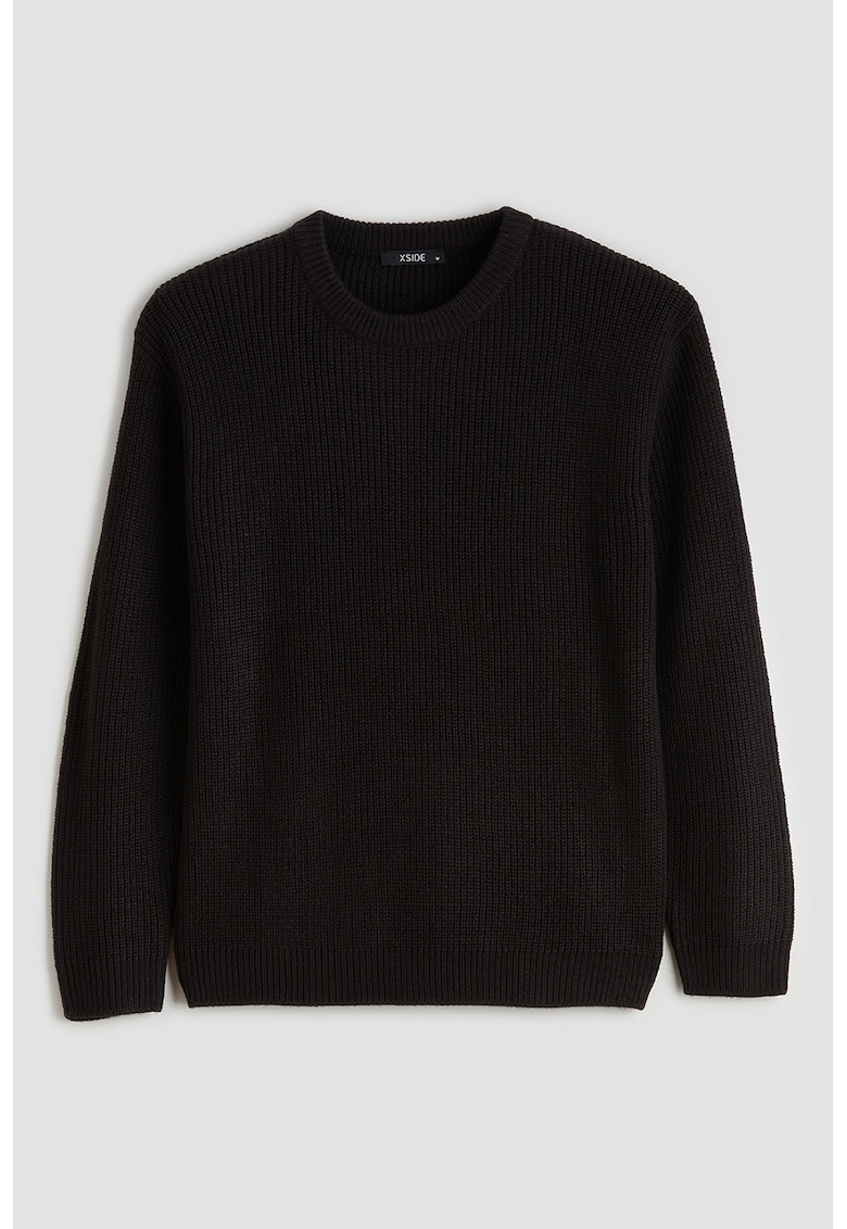 Pulover cu decolteu la baza gatului si aspect texturat - Negru