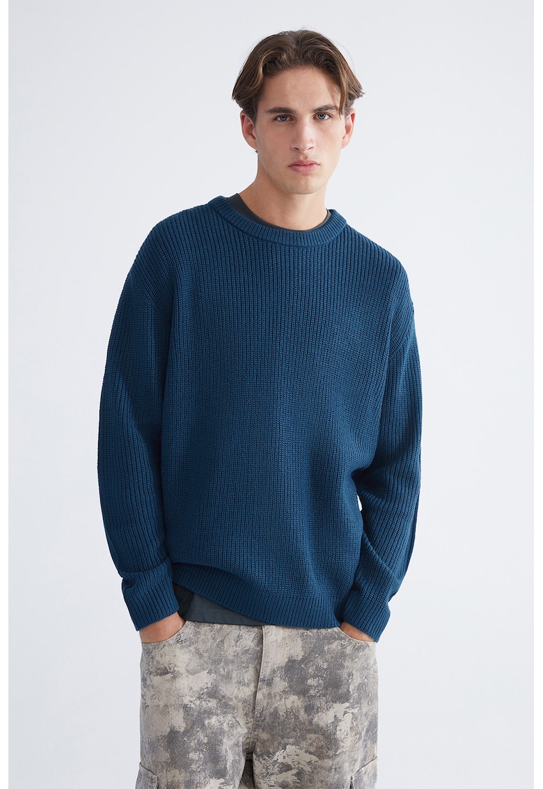 Pulover cu decolteu la baza gatului si aspect texturat - Albastru petrol