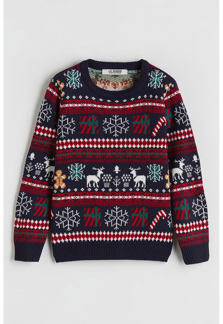 Pulover cu decolteu la baza gatului si model de Craciun - Rosu/Alb/Bleumarin