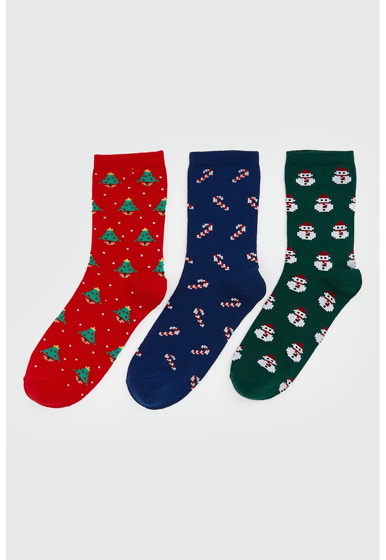 Set de sosete lungi cu model de Craciun - 3 perechi - Rosu/Verde inchis/Bleumarin