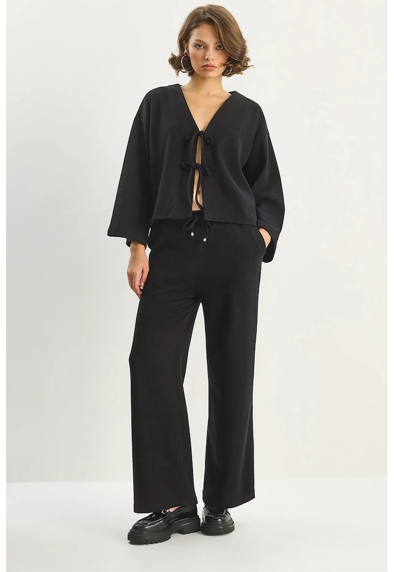 Set cardigan tricotat cu decolteu in V si pantaloni largi negru - jerseu