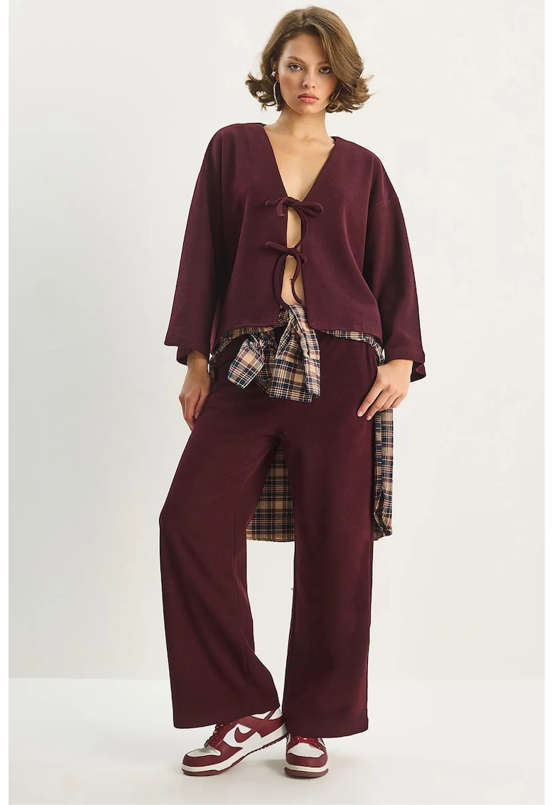 Set cardigan tricotat cu decolteu in V si pantaloni largi rosu burgundy - jerseu