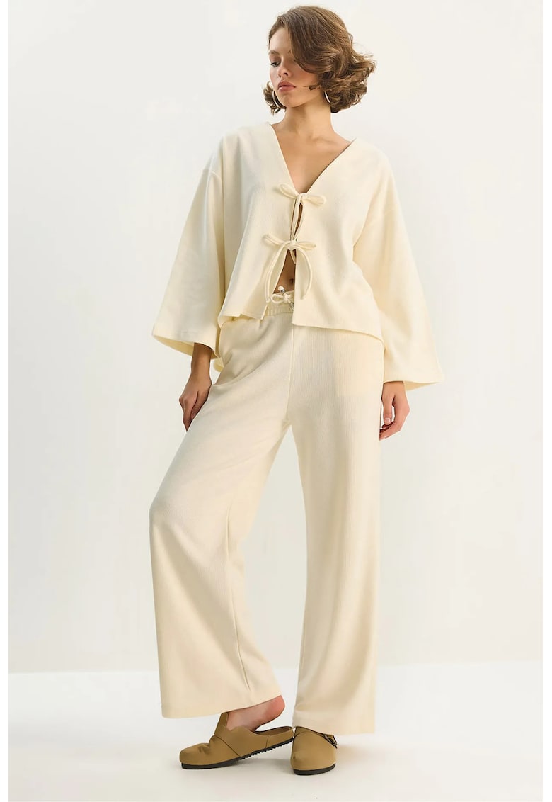Set cardigan tricotat cu decolteu in V si pantaloni largi ovaz natural - jerseu