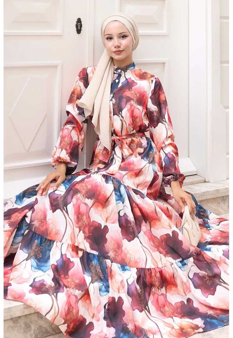 Rochie Maxi - guler rotund - banda in talie - Rosu Burgundy - textil