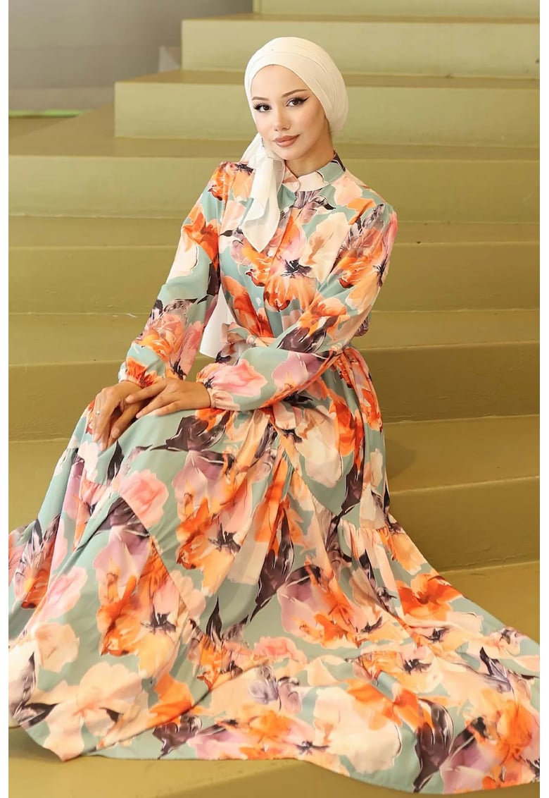 Rochie Maxi guler rotund - banda in talie - portocaliu deschis - textil