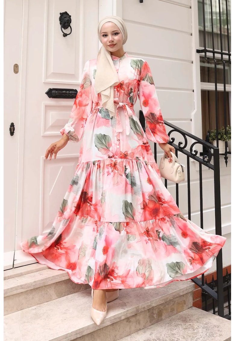 Rochie Maxi cu gat rotund si nasturi - rosu cires - textil