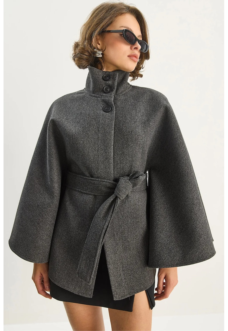 Palton Poncho inchidere cu cordon - gri carbune - fabricat din material sintetic