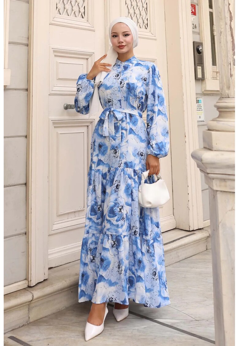 Rochie Maxi - guler rotund - betelie - Albastru Maya - textil