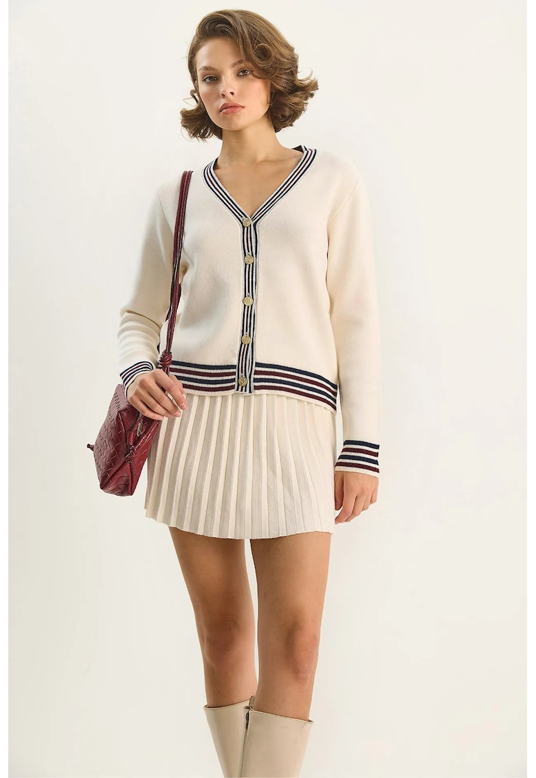 Set cardigan si fusta dungi - crem natural - tricot -