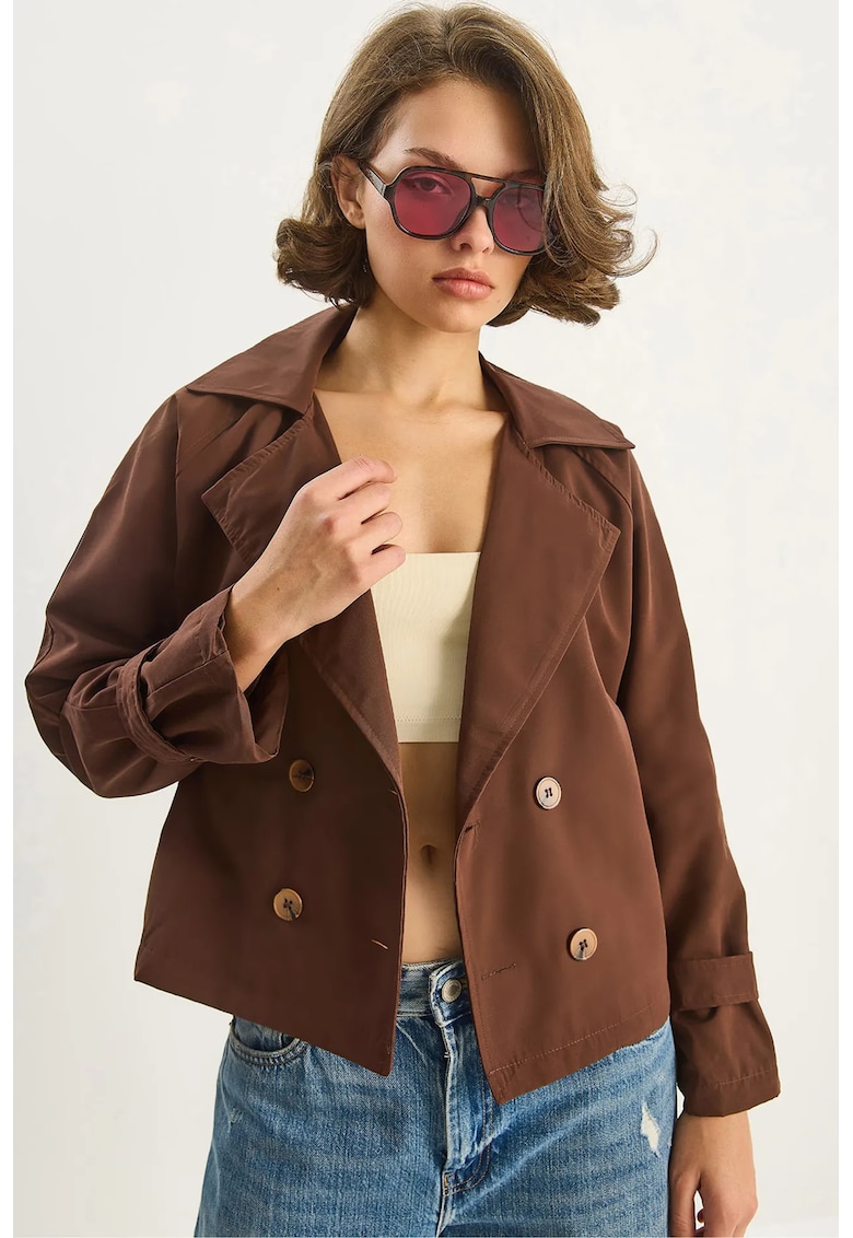 Palton dama - LUCCI - scurt - piept dublu - maro cafea - textil -