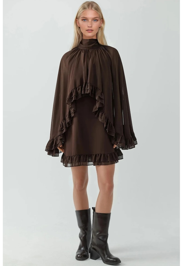 Rochie Mini cu maneci lungi - cu volanase - Maro - Textil
