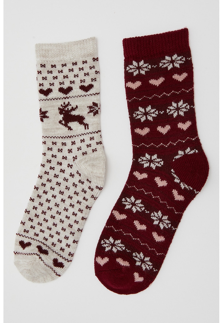 Set de sosete cu model fair isle- 2 perechi - Bej/Rosu inchis