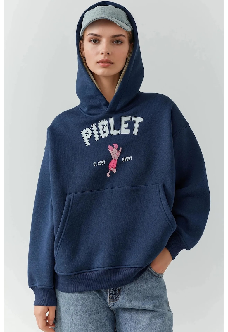 Hanorac dama supradimensionat - imprimeu - albastru marin - tesatura tricotata